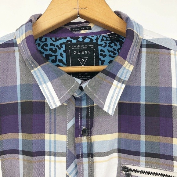 Guess Men's Button Front Shirt Purple Plaid Size XL Flip Cuff Long Sleeve Cotton - Picture 6 of 12